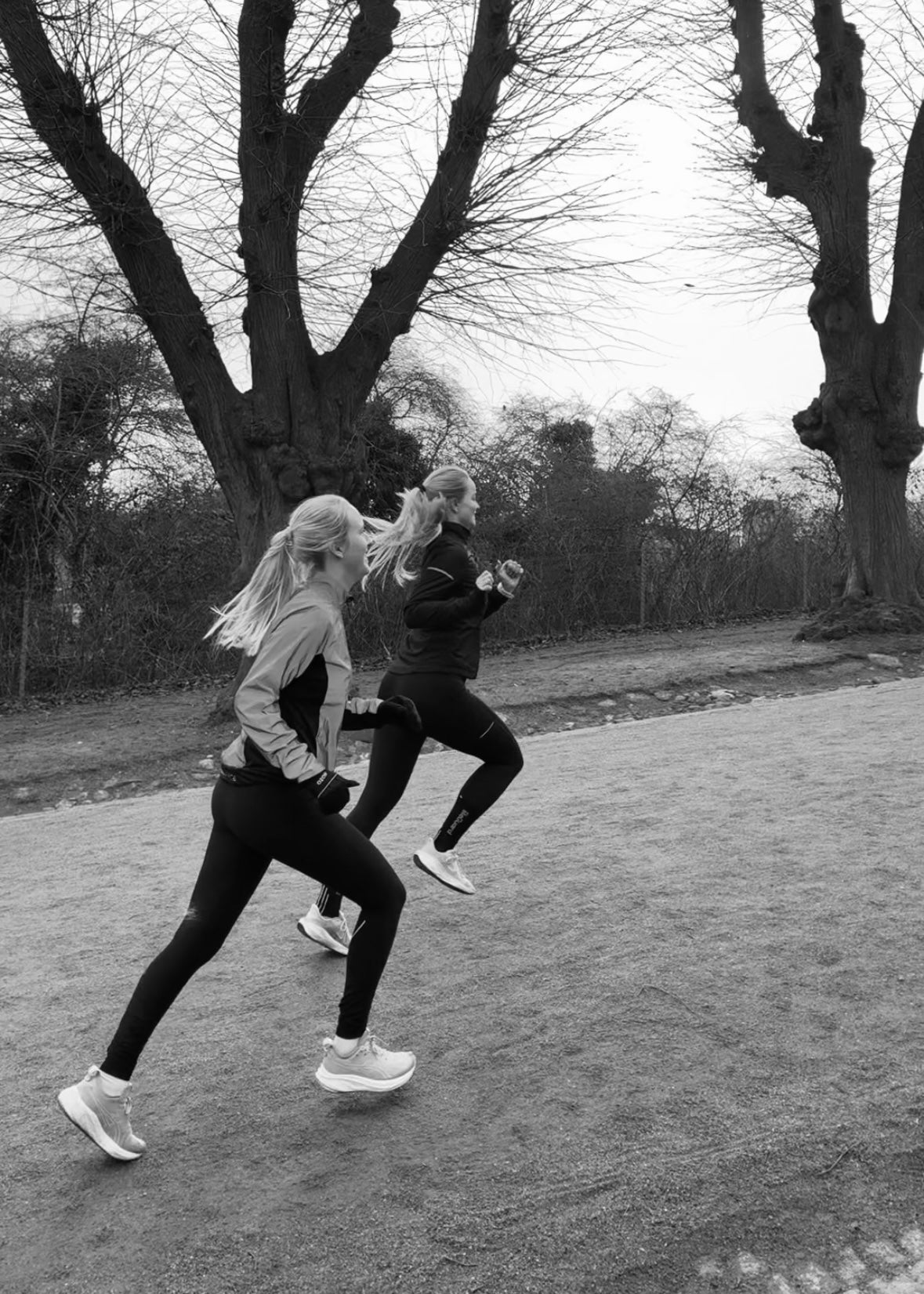 Two people running on a path with leafless trees in the background